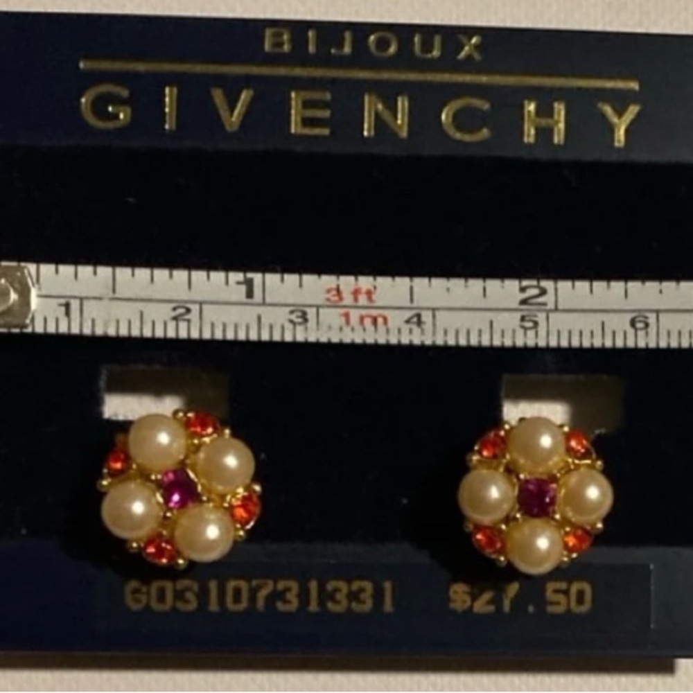 VINTAGE 80’s GIVENCHY PEARLS & COLORED STONES CLIP ON GOLD EARRINGS VERY RARE!